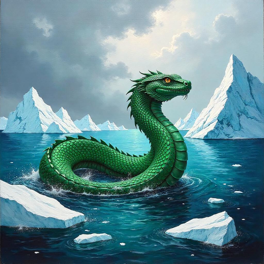 Basilisk Among Icebergs in Oil Painting