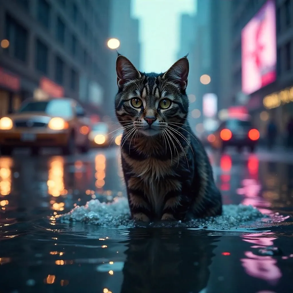 Photorealistic Cat in a Flooded City at Dusk