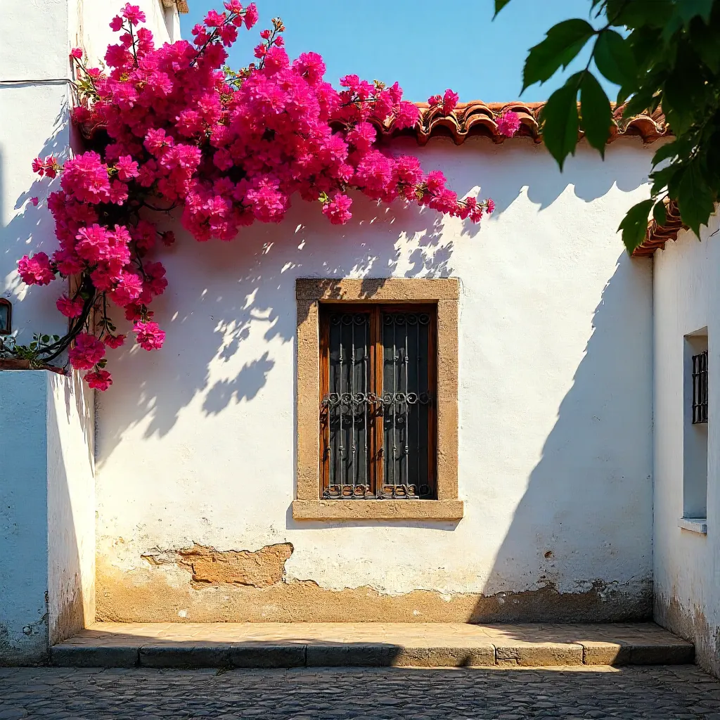 Málaga White Facade with Pink Bougainvillea