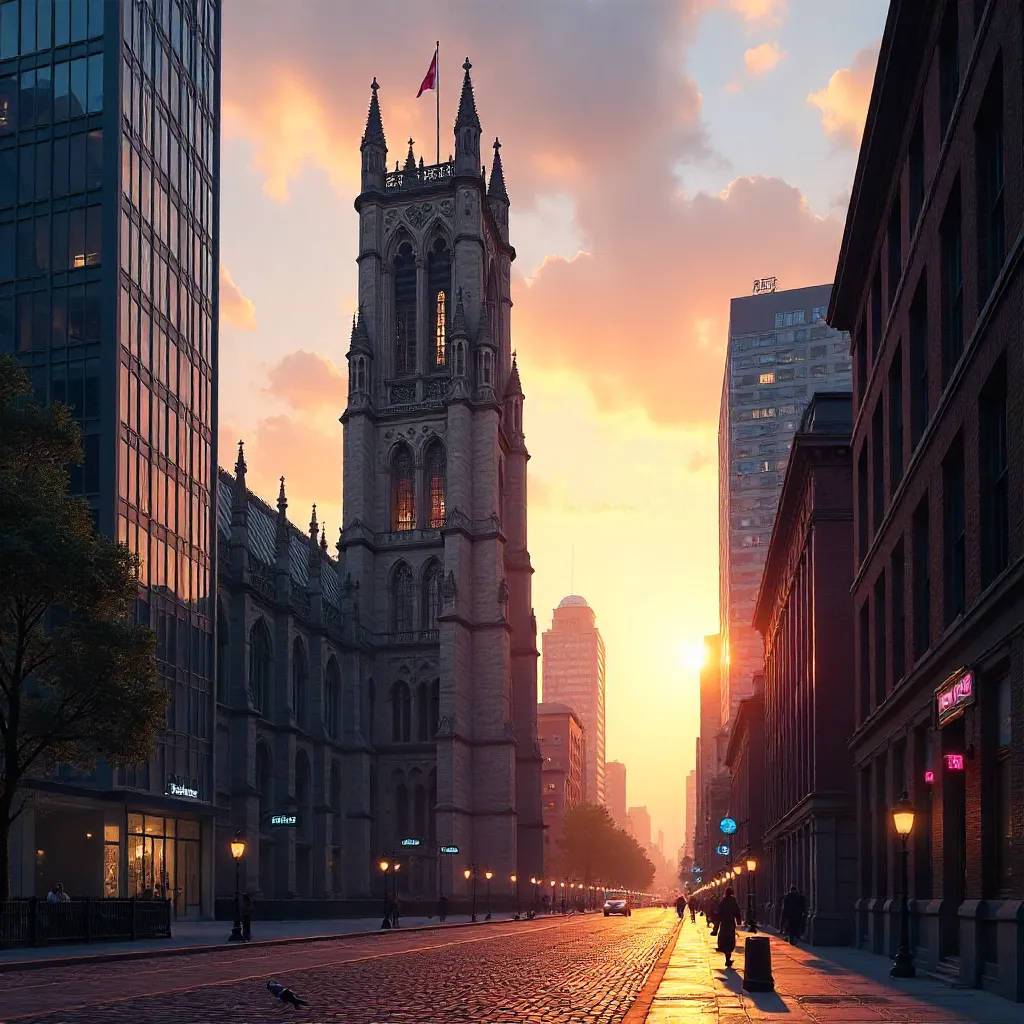 Gothic Tower Amid Modern Skyline at Sunset