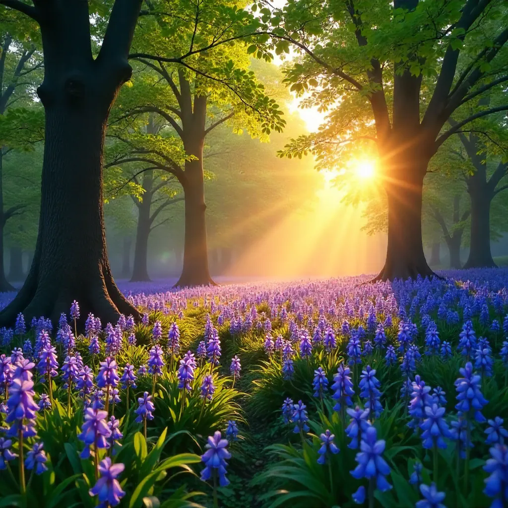 Golden Sunrise Over a Bluebell Forest