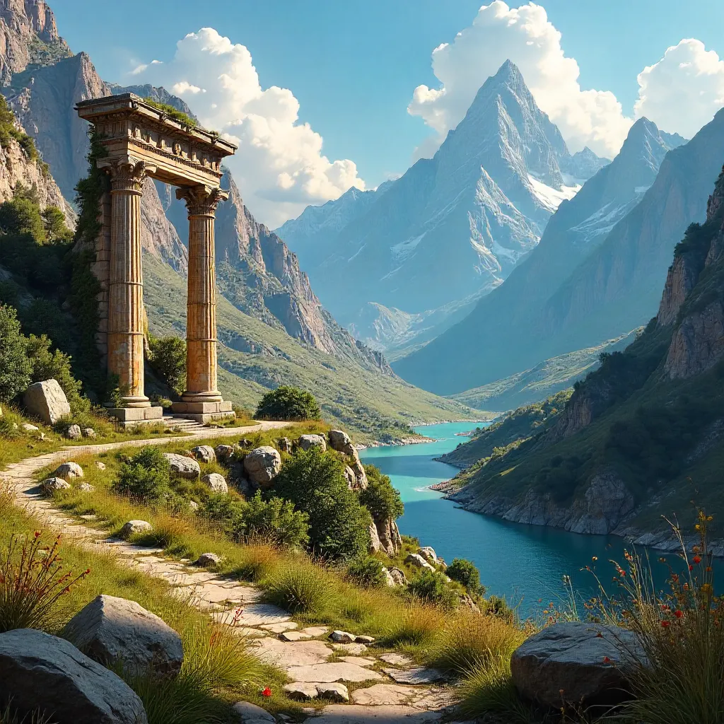 Ancient Ruins by Mountains and a Winding River