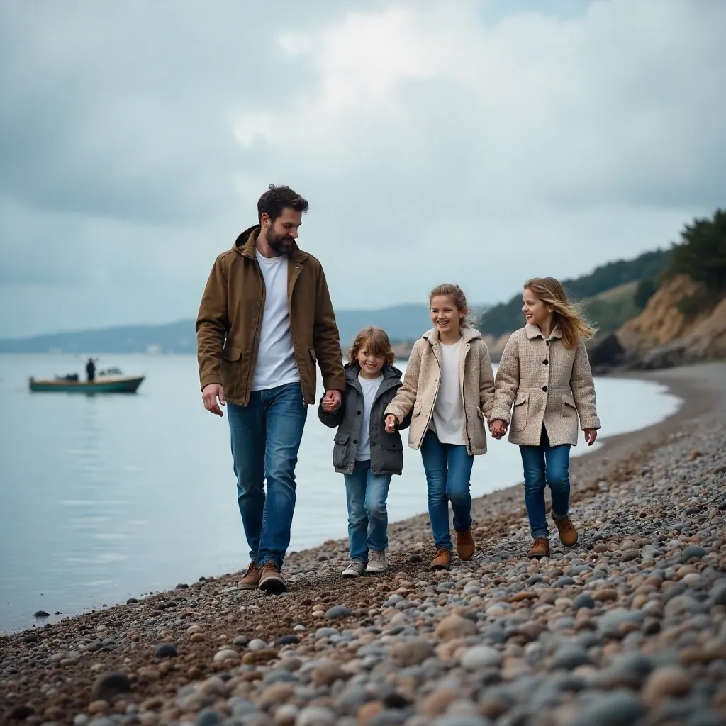 Family on a Pebbled Beach under a Cloudy Sky