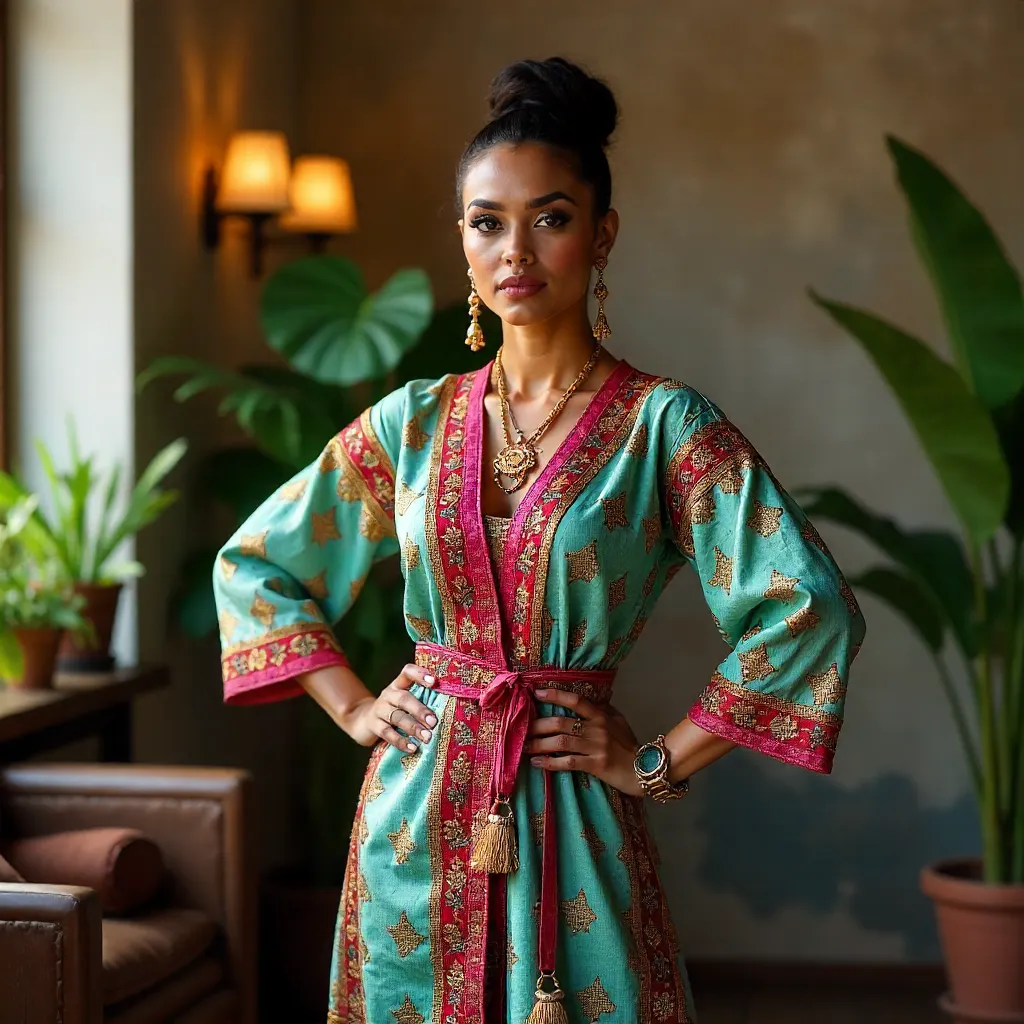 Confident Woman in Colorful Traditional Attire Indoors