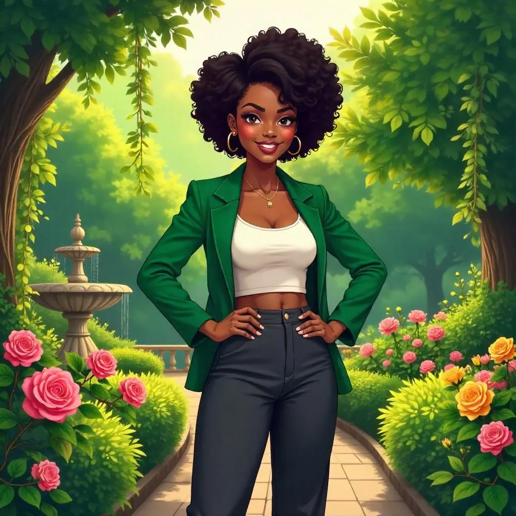 Confident Black Woman in Anime Garden