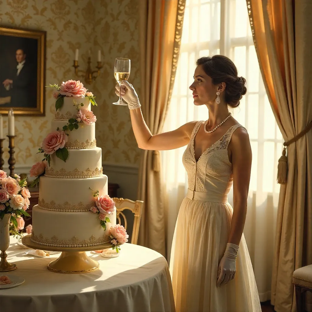 Vintage Dress Celebration with Cake and Flowers