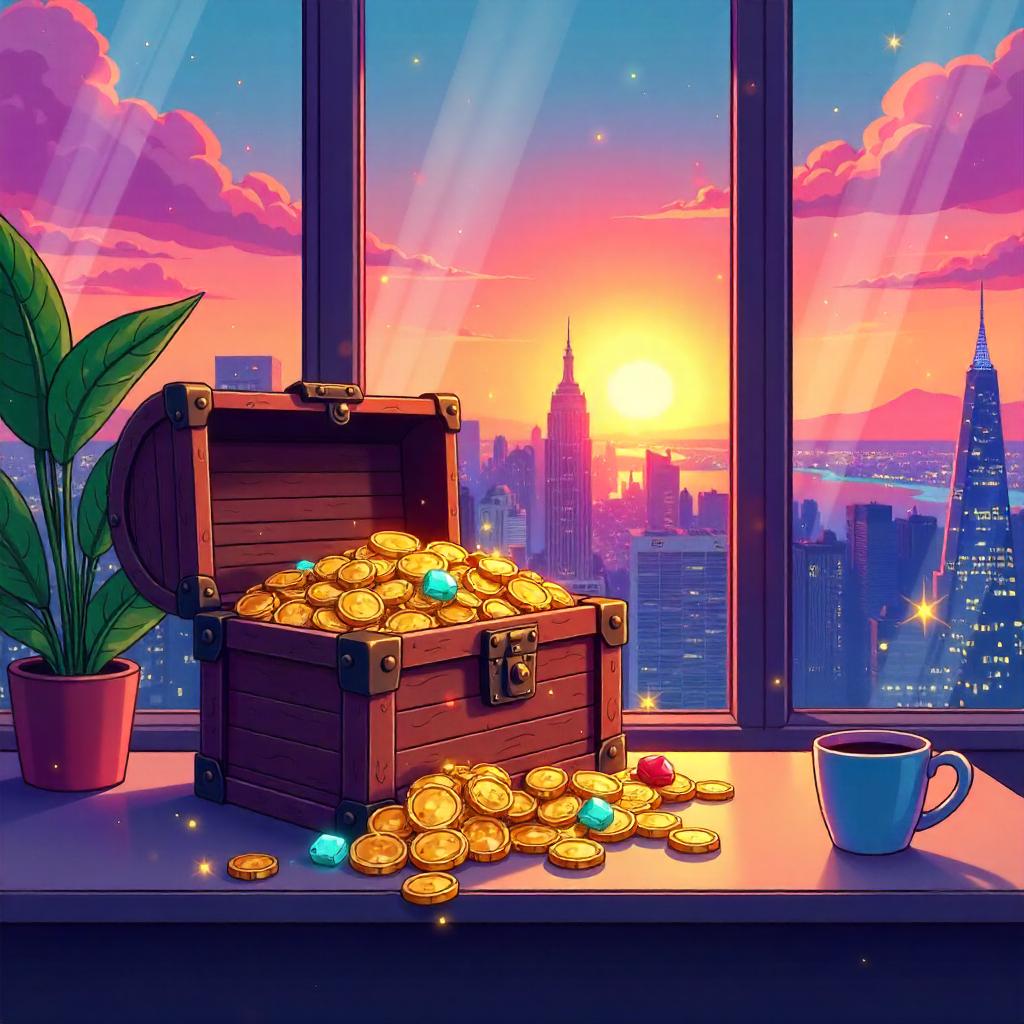 Cartoon Treasure Chest in a Sky-High Skyscraper Penthouse