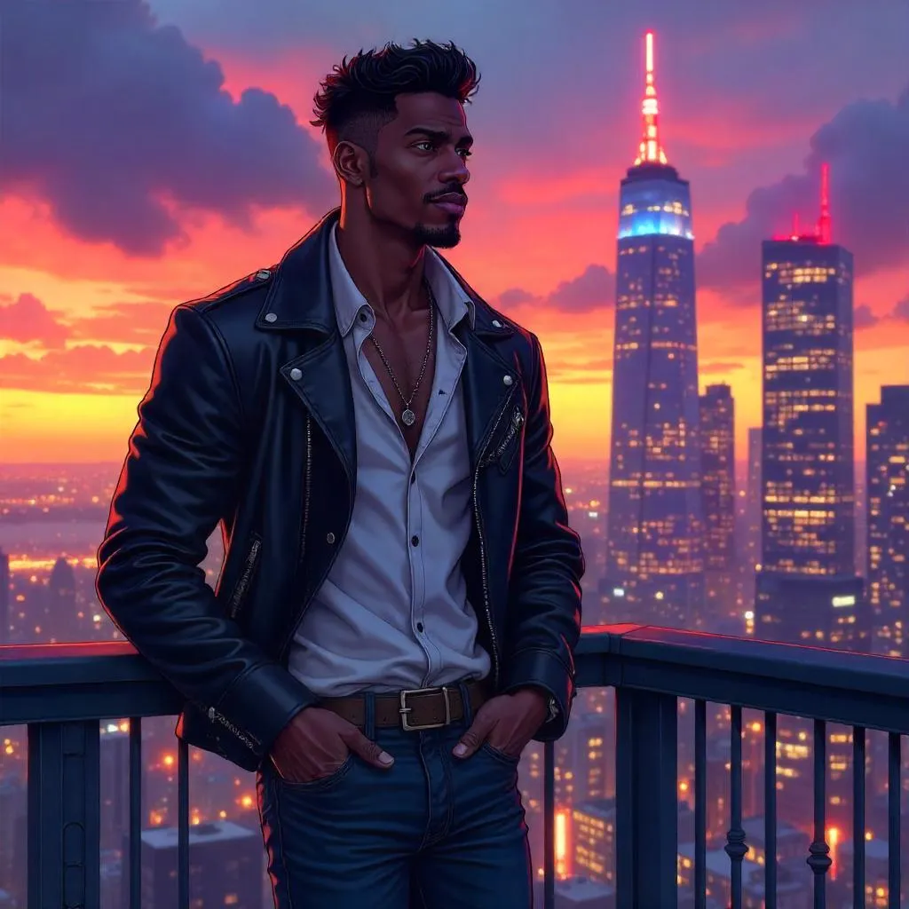 Rooftop Neon: Handsome Black Man, Anime Style
