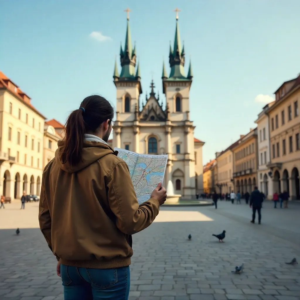 Map-Wielding Tourist Before Novi Sad Cathedral