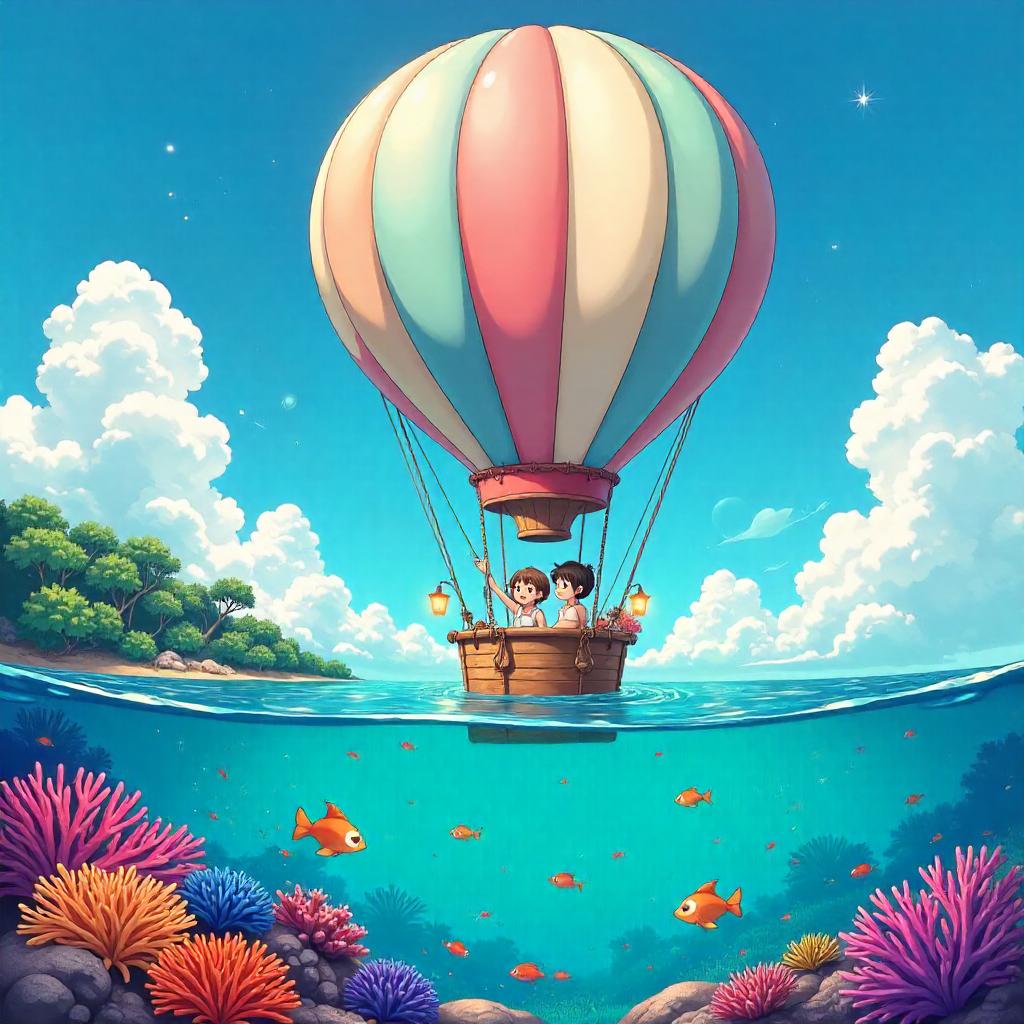 Anime Hot Air Balloon Over Coral Reef Lagoon
