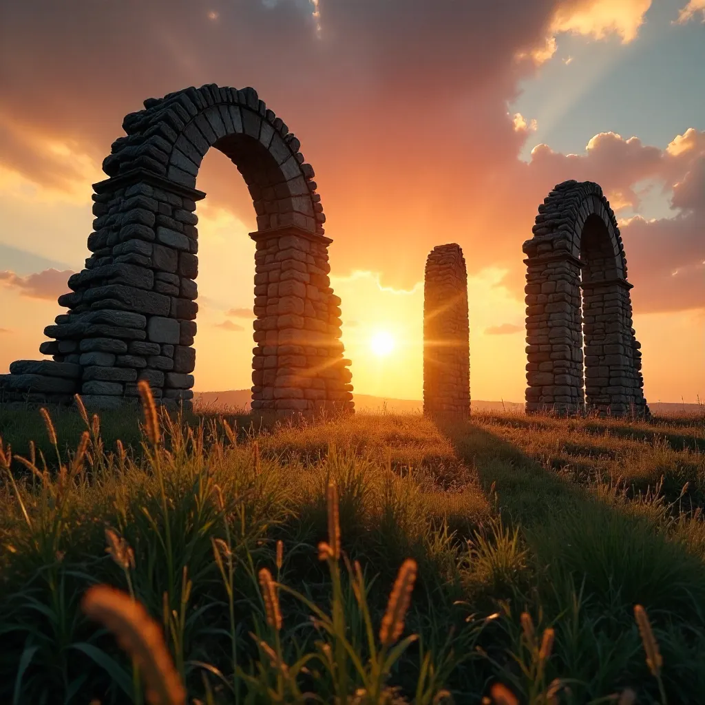Silhouetted Ruins at Sunset in a Grassy Field