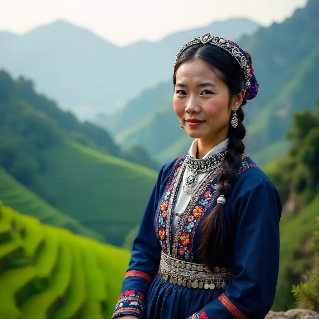 Portrait of a Hmong Woman in Lào Cai Traditional Attire