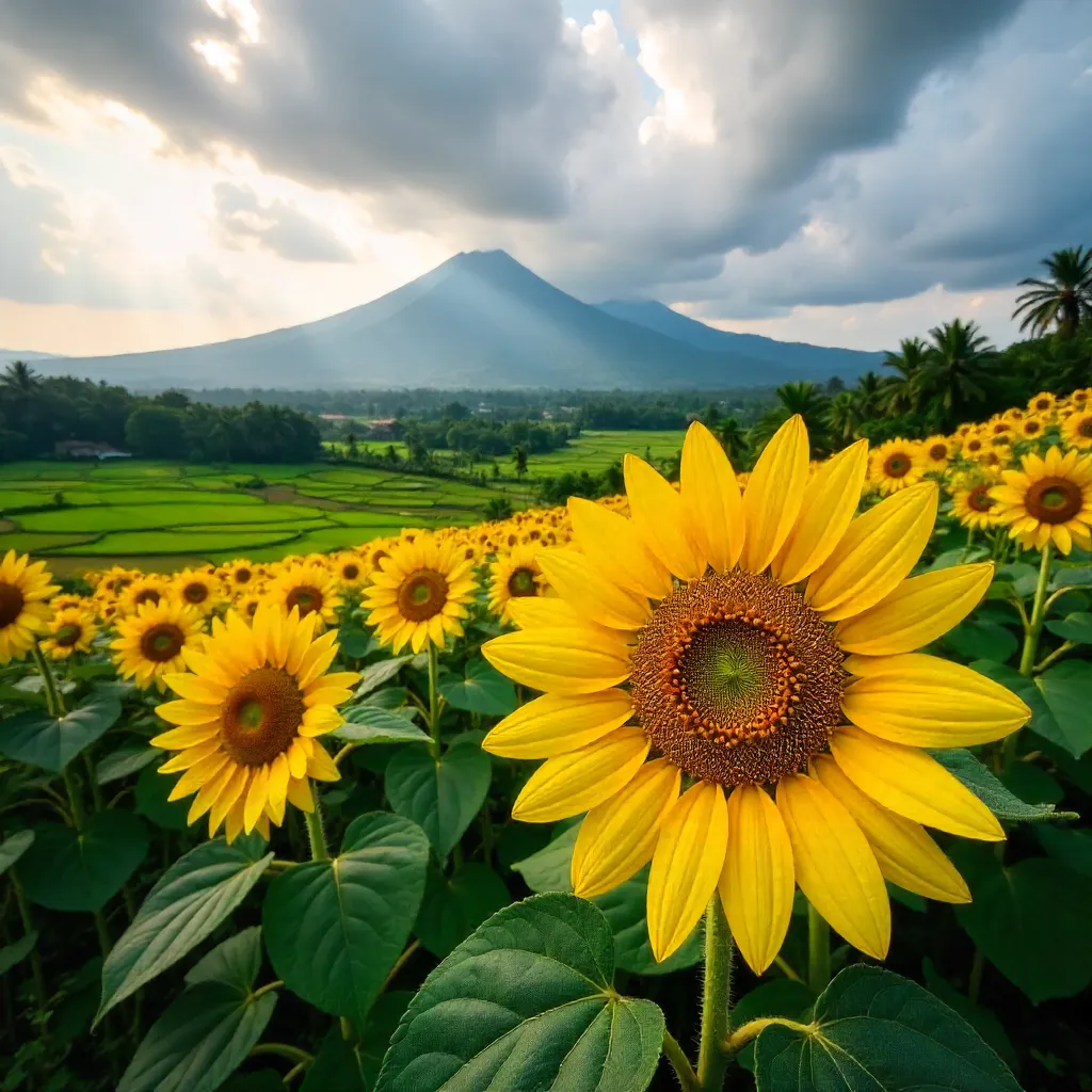 Sunflowers under Bali's Cloudy Sky