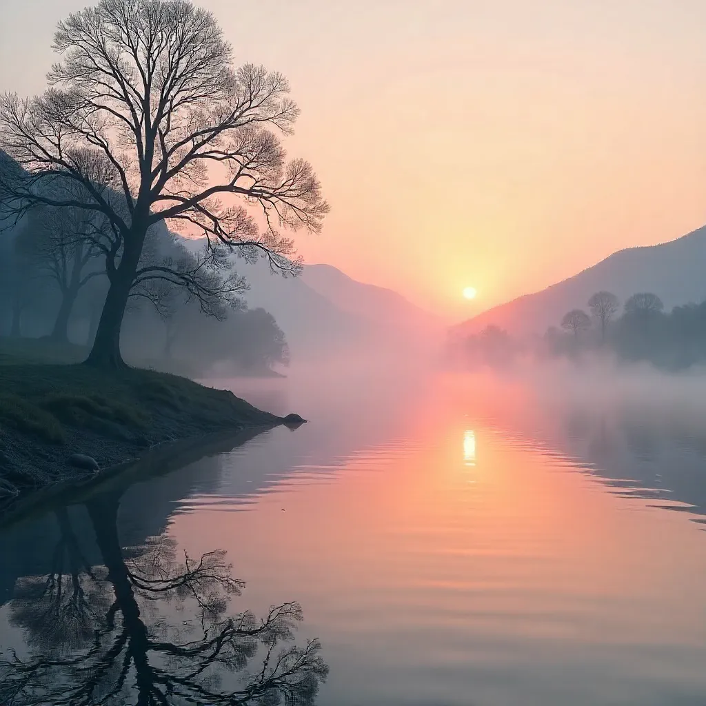 Mist-Shrouded Sunrise Over a Serene River