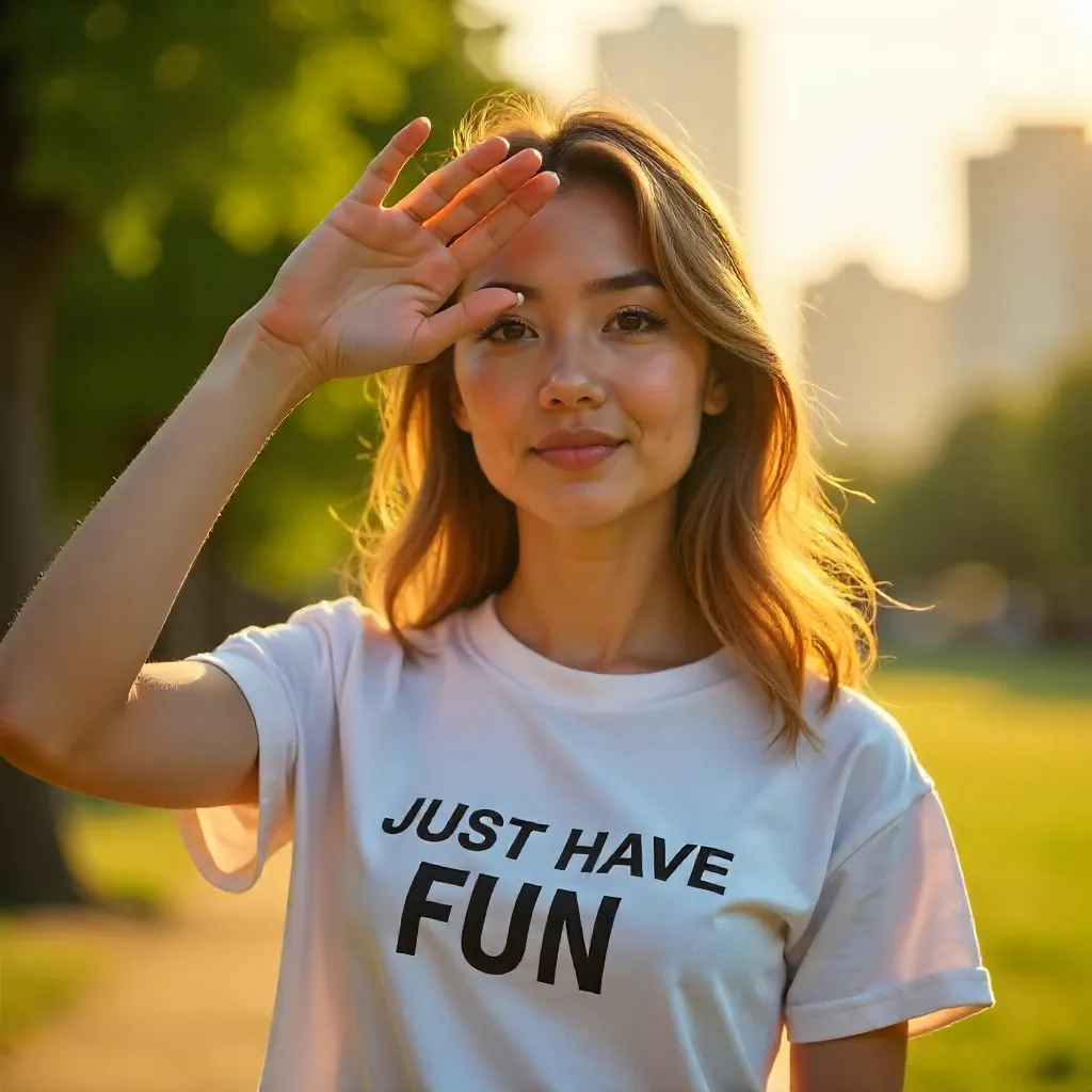 Sunlit Pose: Woman Shielding Sun in Just Have Fun Tee