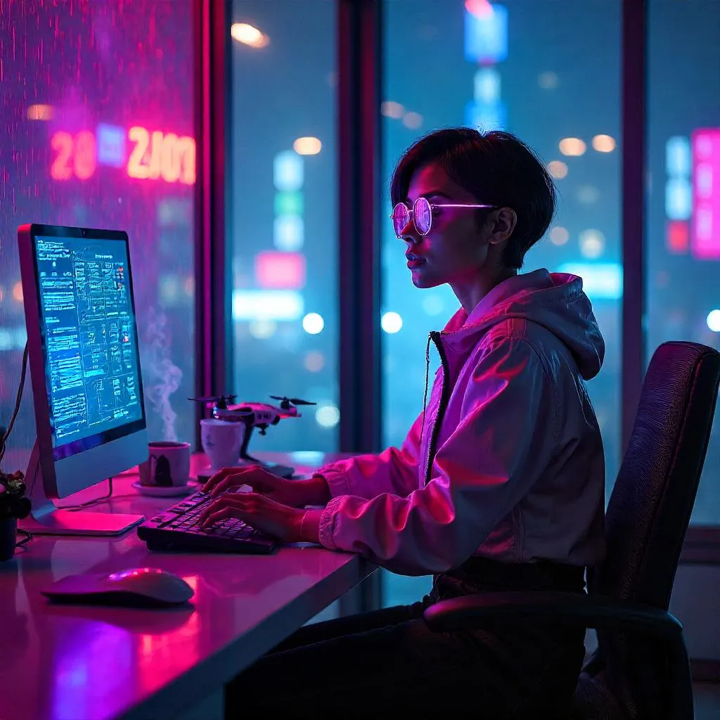 Latina Cyberpunk in a Neon Coworking Hub