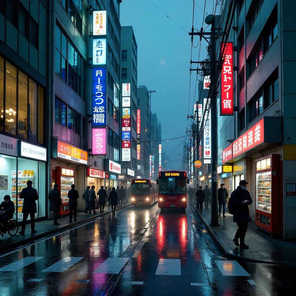 Tokyo Street: Pedestrians, Cyclists, and Bus in Neon Night