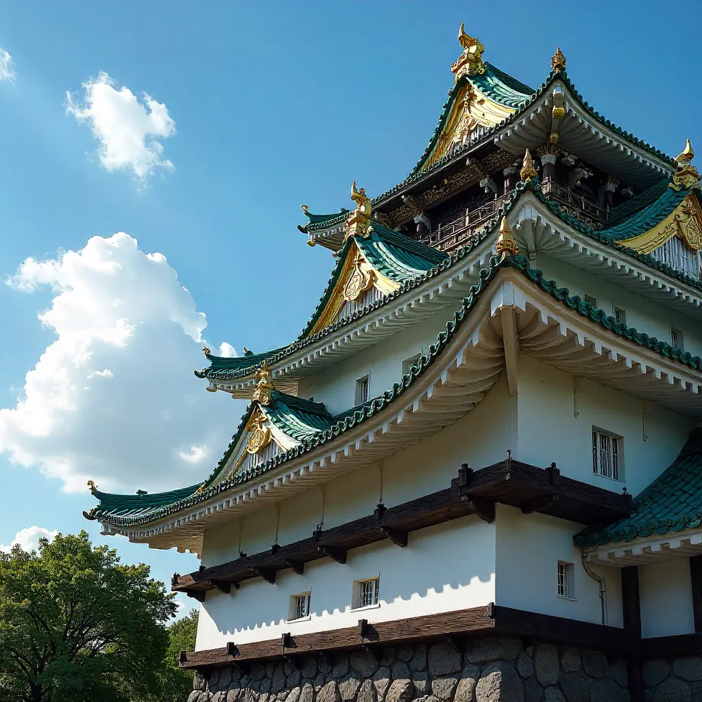 Osaka Castle Rooftop under Blue Sky and Clouds