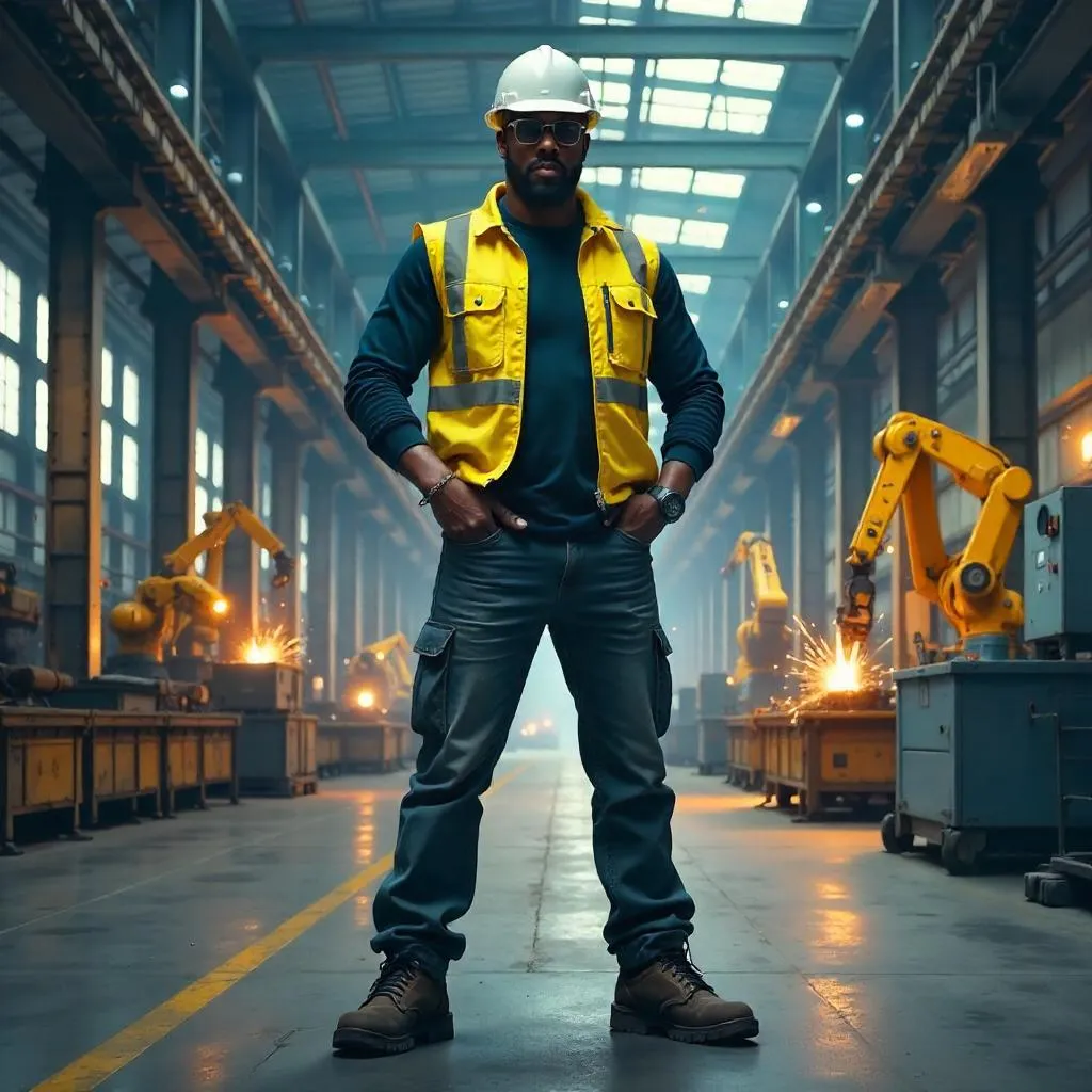Confident Black Man in a Futuristic Factory