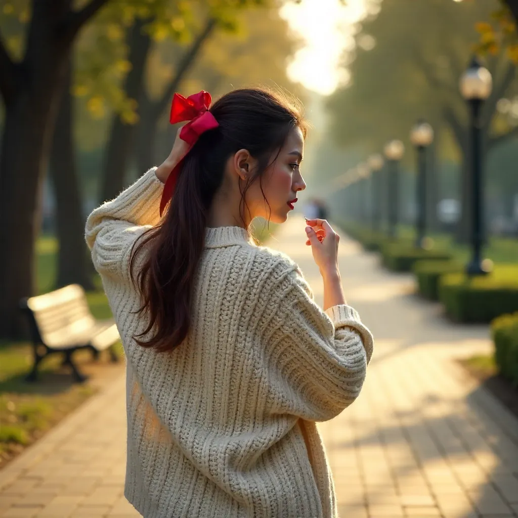 Serene Park Walk: Oversized Sweater & Red Ribbon