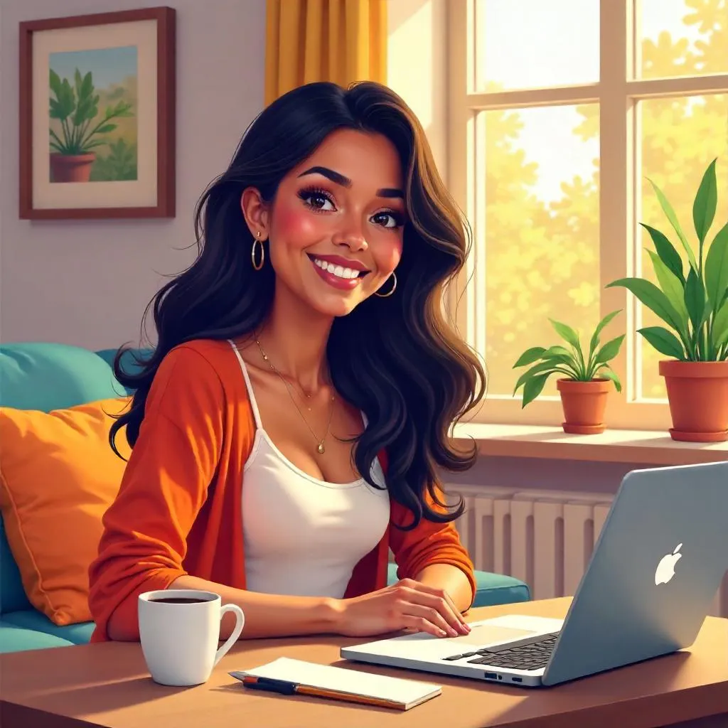 Cheerful Latina Woman at Home in Digital Art