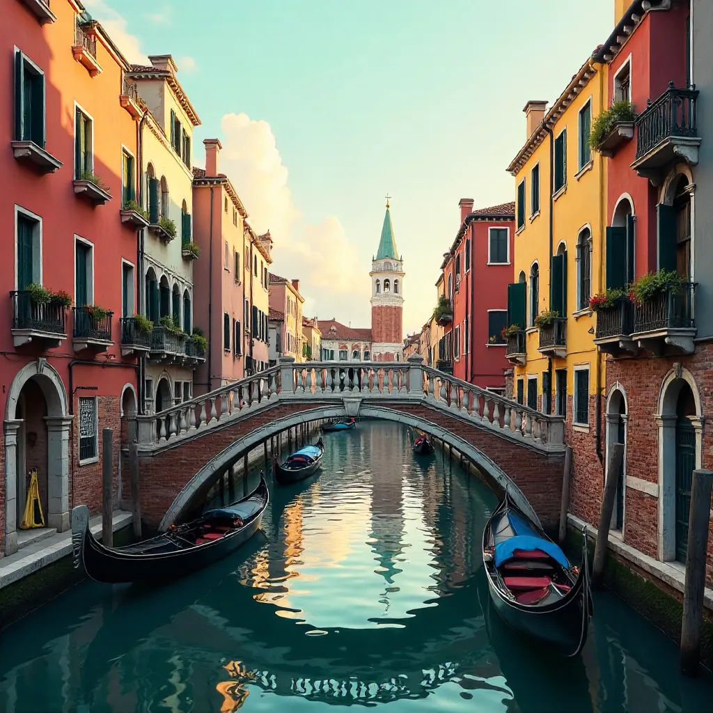 Venetian Canal at Sunset: Historic Bridge and Colorful Facades