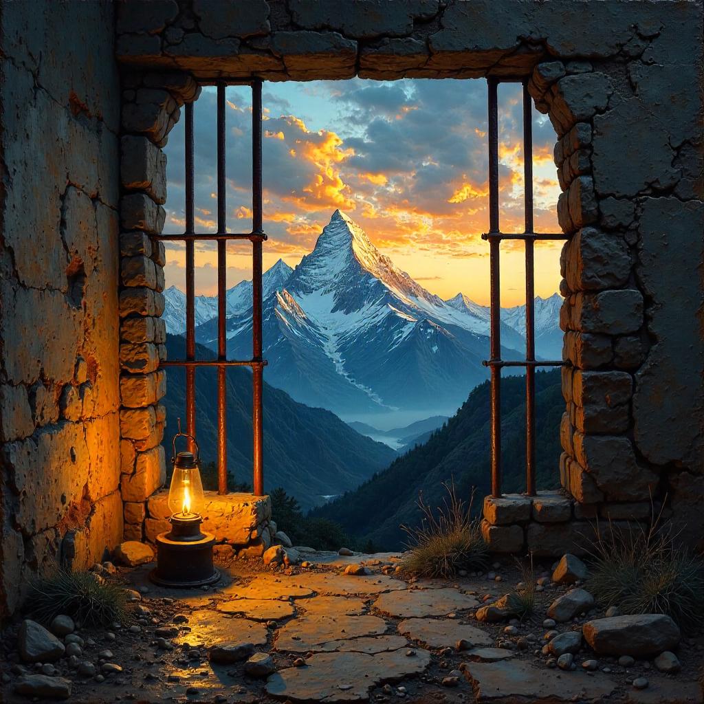 Mountain Through the Bars: An Oil Painting