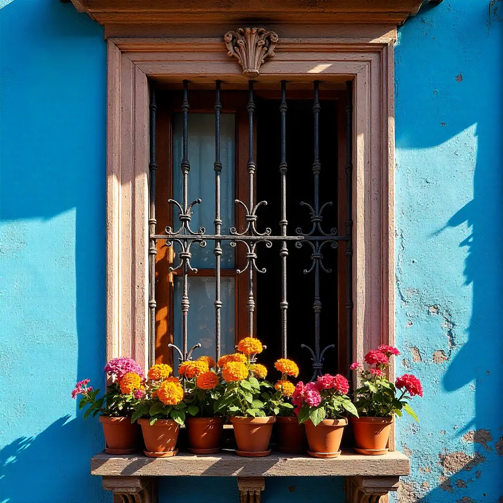 Vibrant Blue Wall with Window and Flowers in Mexico City