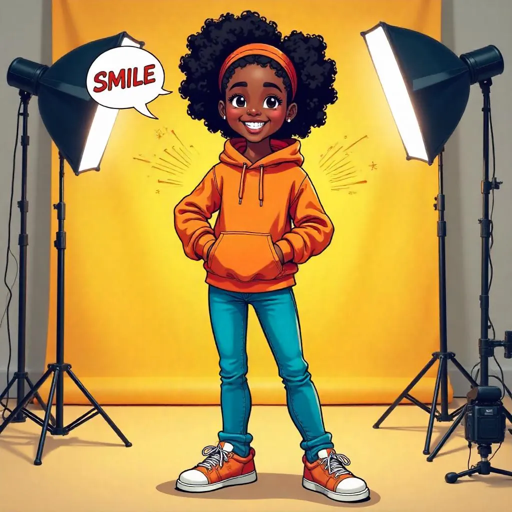 Cheerful Black Girl in a Studio Comic Style