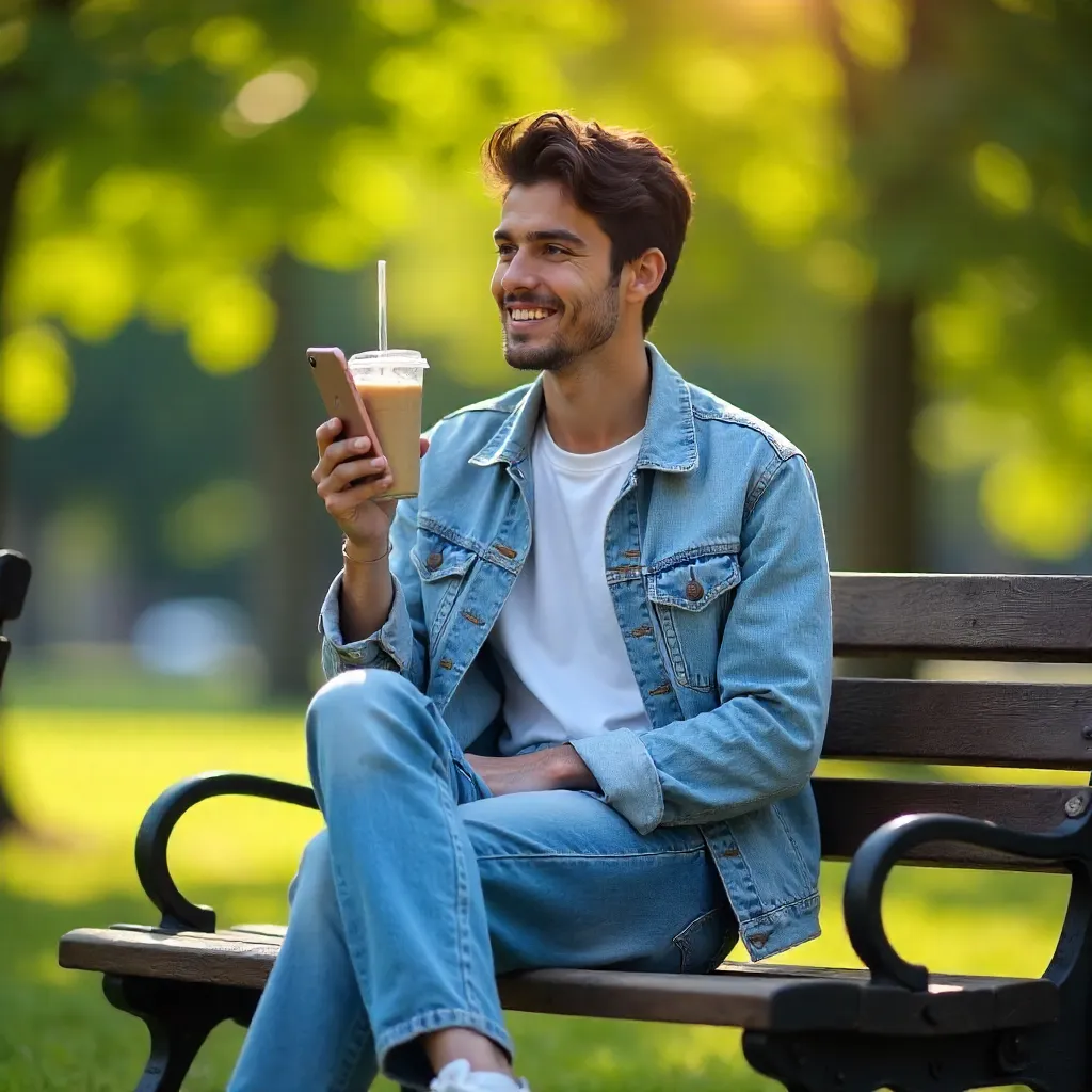 Young Adult Outdoors: Phone in Hand, Sipping Beverage