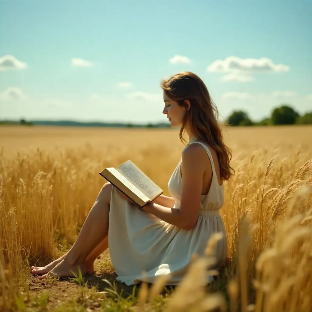 A Woman Reading in a Peaceful Wheat Field