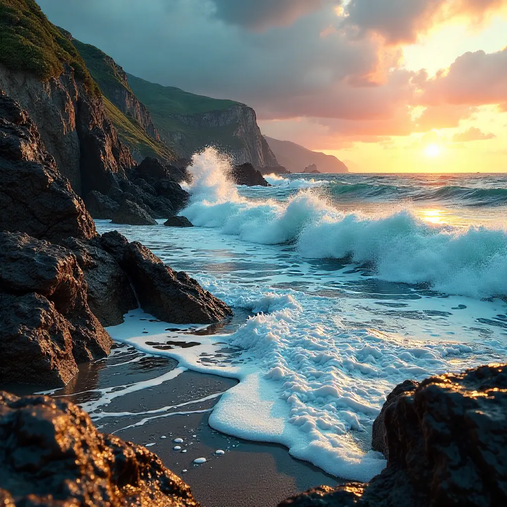 Crashing Waves on a Rugged Rocky Shore