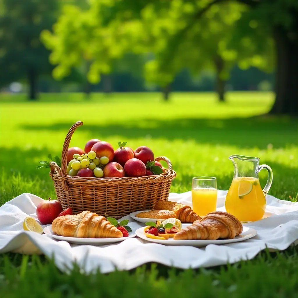 Delightful Outdoor Picnic: Fruit Basket and Pastries