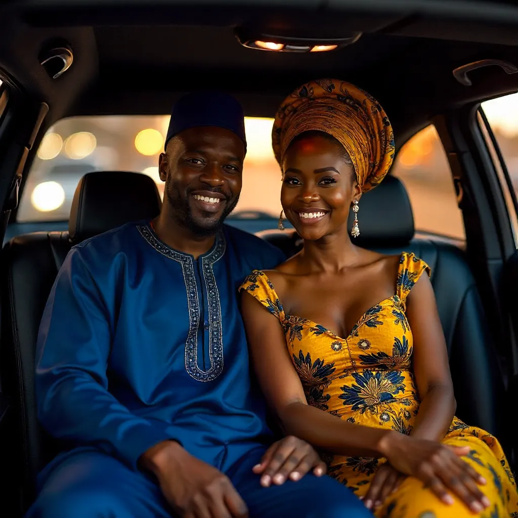 Couple in Style: Traditional Attire in a Car