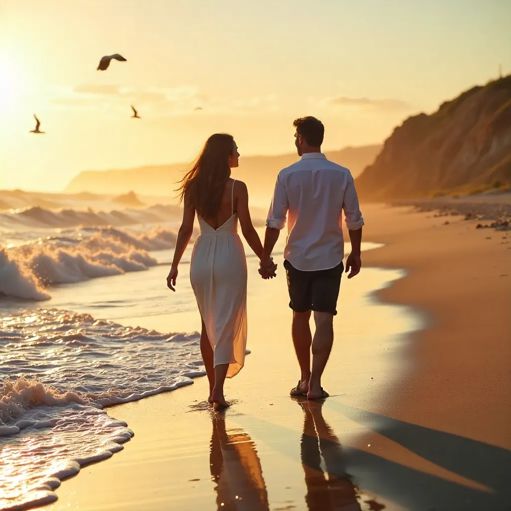 Two Lovers on a Beach Stroll at Sunset
