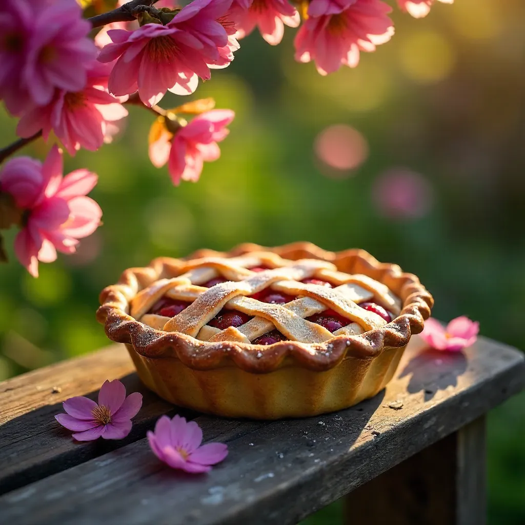 Rustic Summer Pie on a Pink-Flowered Bench