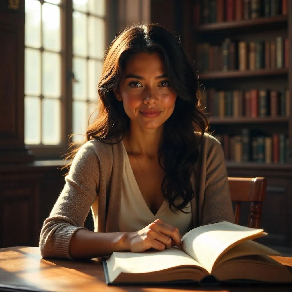 Latina Woman in a Sunlit Library