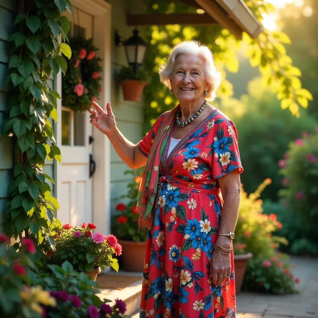 Vibrant Elderly Woman by Her Lush Front Door