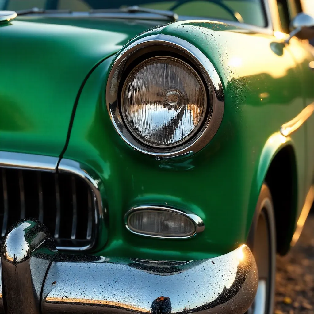 Close-Up: Vintage Green Car Headlight and Chrome Bumper