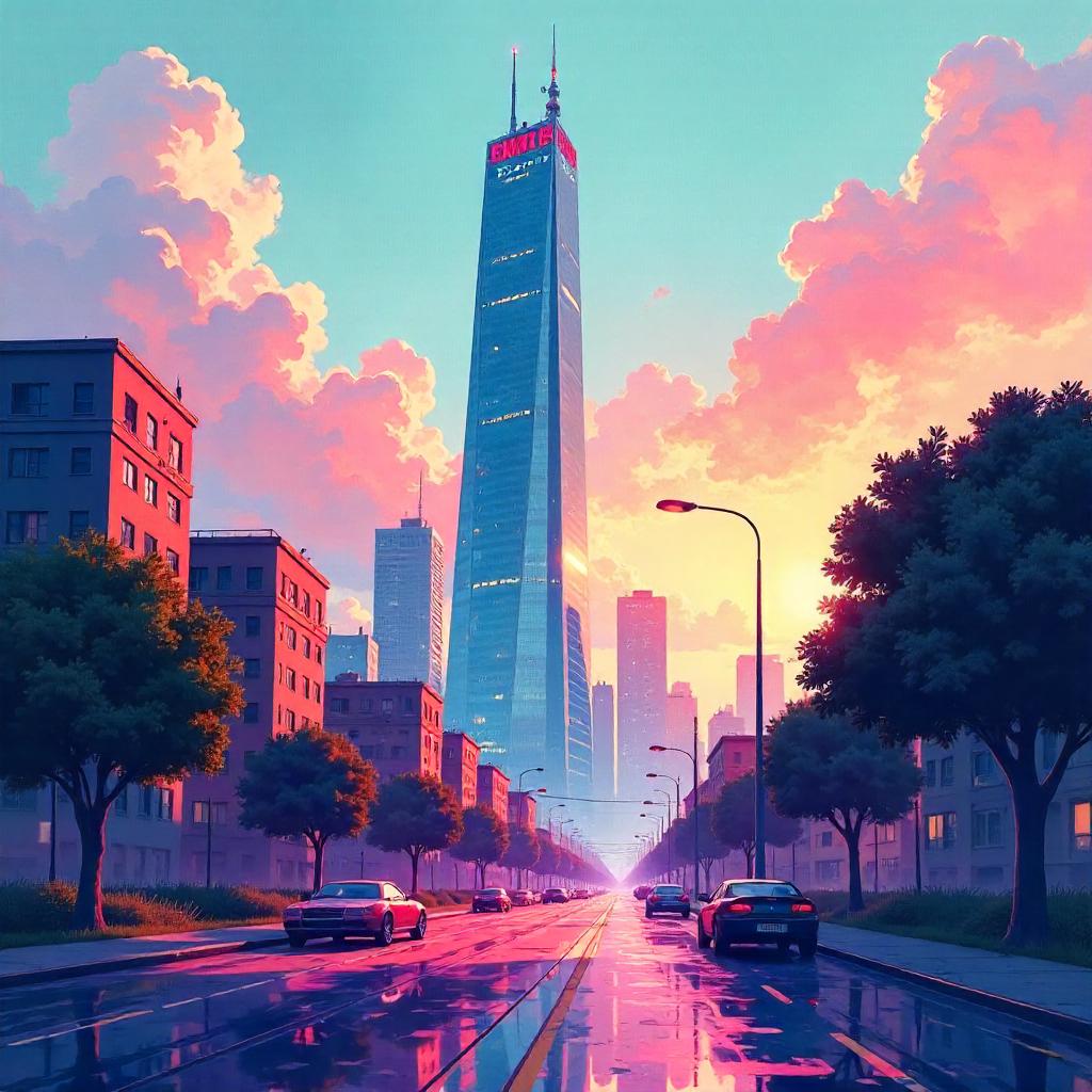 Watercolor Skyscraper in a Pixelated Cityscape