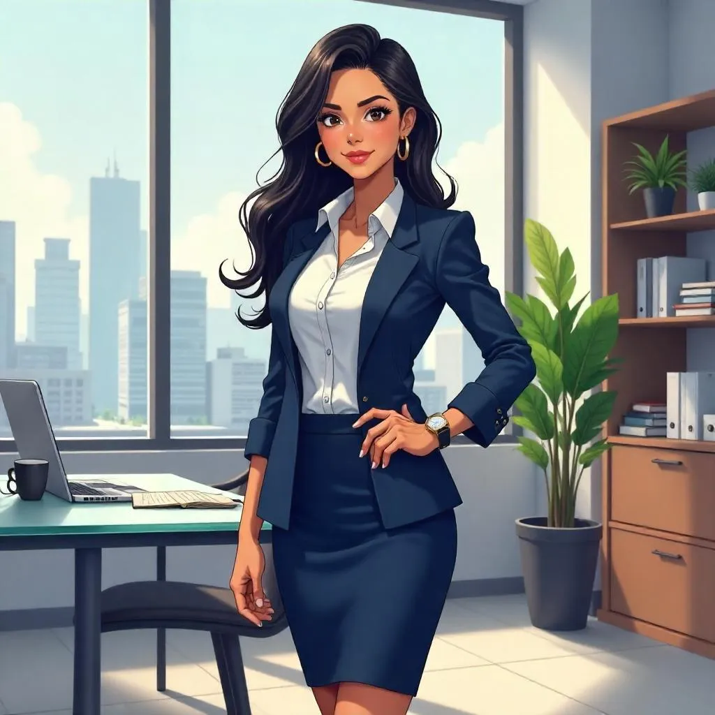 Confident Latina Leader in an Anime Office