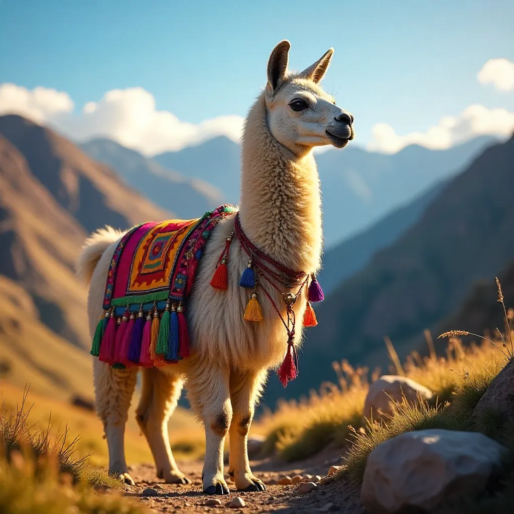 Llama with Vibrant Tassels in the Andean Highlands
