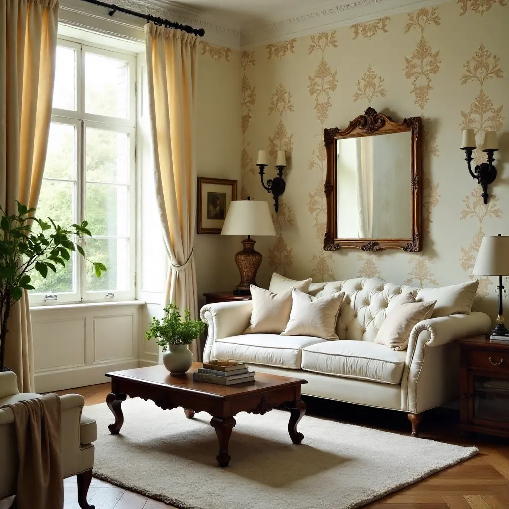 Elegant Vintage Room with Floral Curtains and Classic Sofa