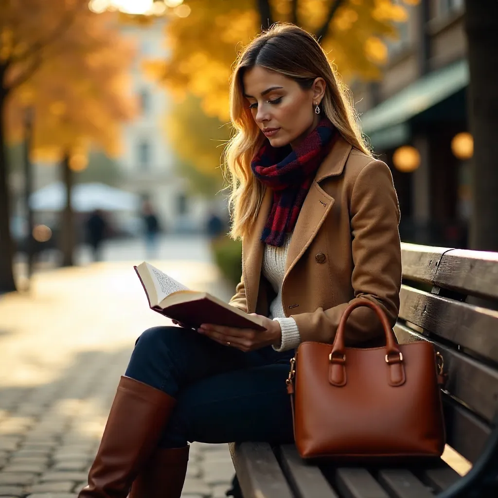 Autumn Chic: Stylish Woman Outdoors Reading