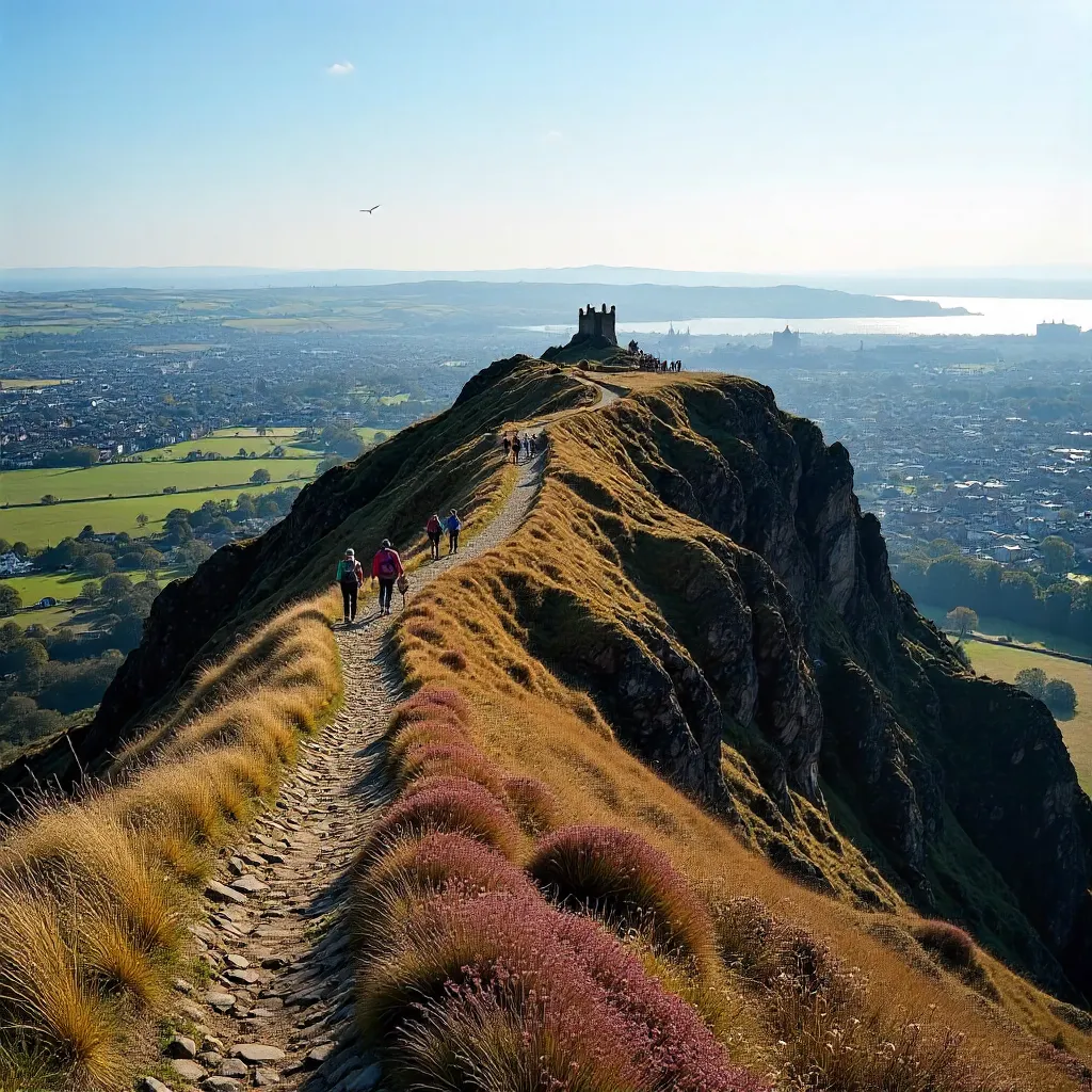 Hikers atop Arthur's Seat: Edinburgh Panorama
