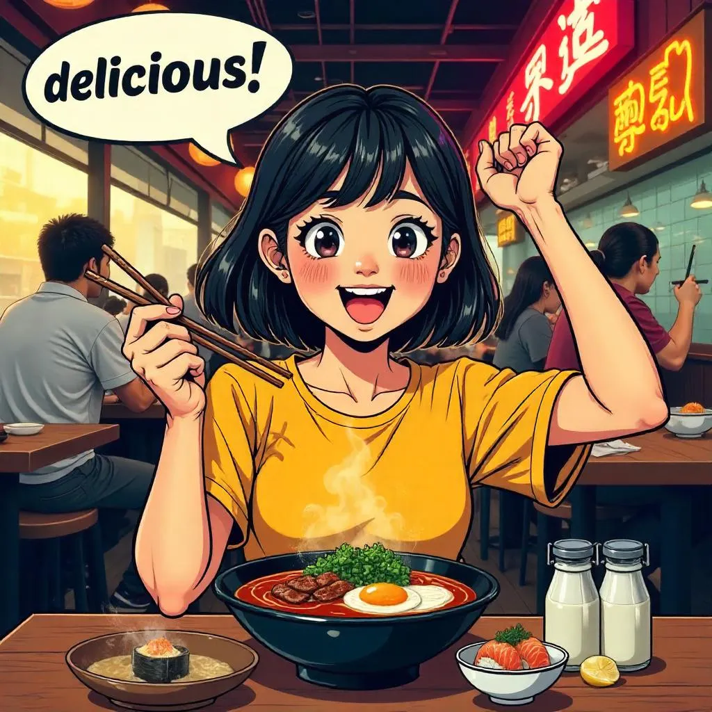 Cheerful Asian Girl in a Lively Restaurant - Comic Style