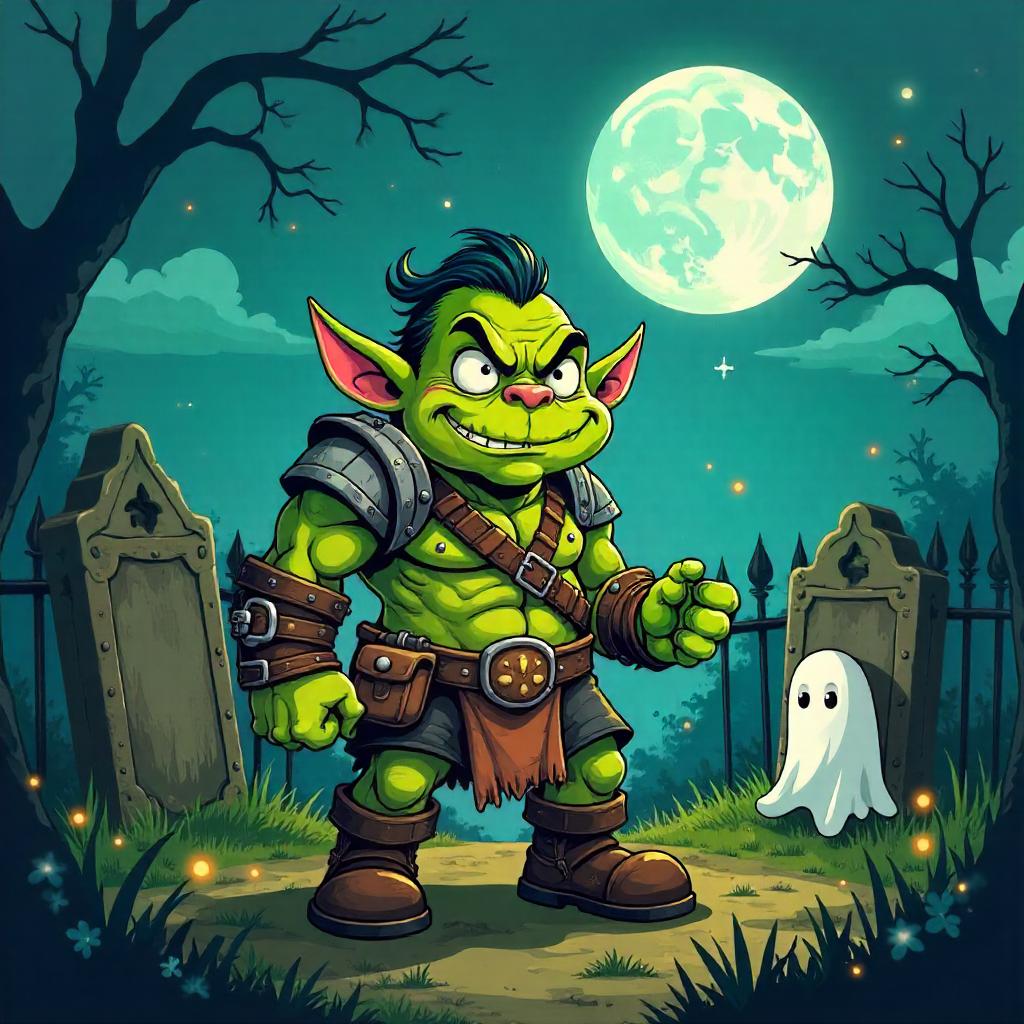 Whimsical Orc in a Moonlit Graveyard