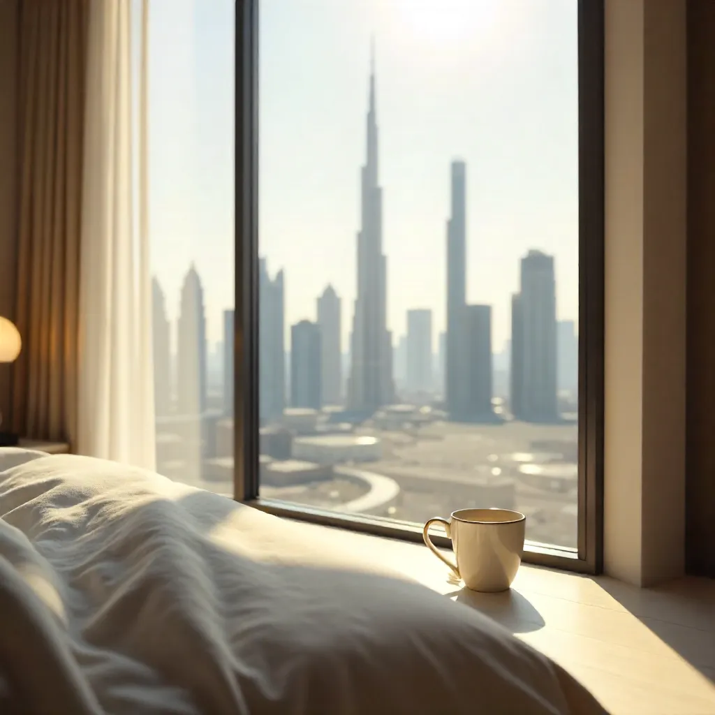 Cozy Morning View: Burj Khalifa from a Modern Bedroom