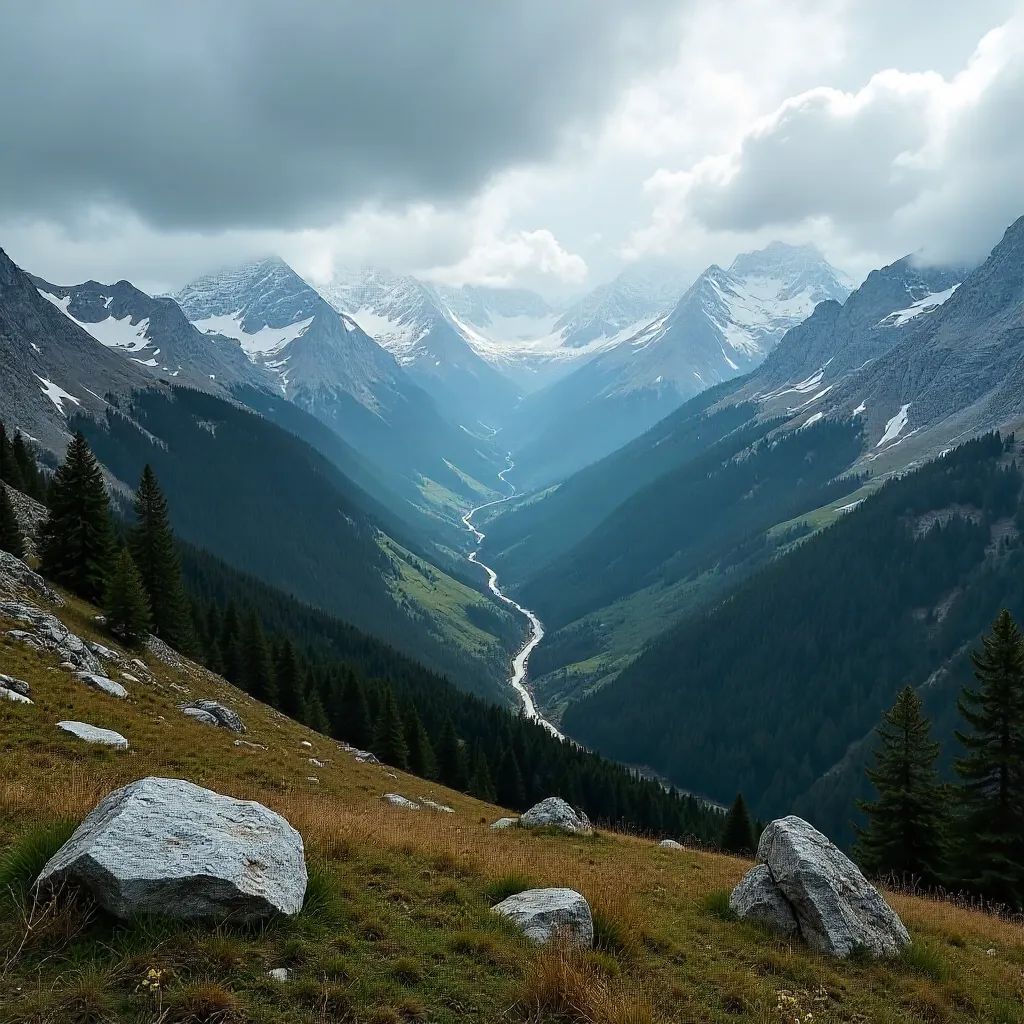 Alps in Cloudy Weather: Alpine Landscape Stock Photo