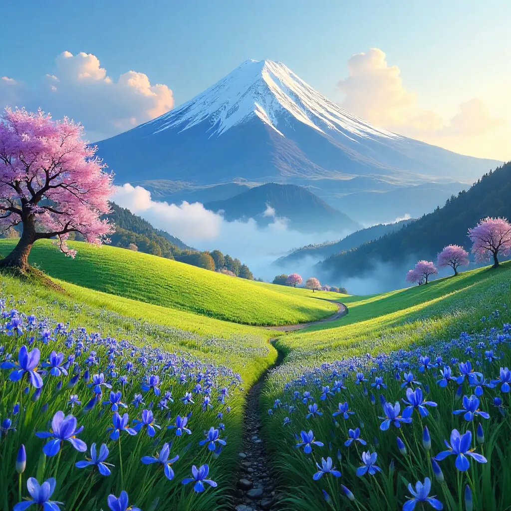 Mount Fuji in Spring with Blue Foreground Blooms